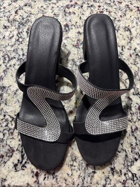 J.Renee Black Slide Heels with Silver Crystal S-Strap